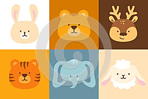 Cute wild animals faces emotion cartoon baby set childish safari head muzzle portraits sticker