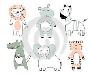 Cute wild animals line set including lion, tiger, hippo, zebra, crocodile, and elephant. Safari jungle animals vector