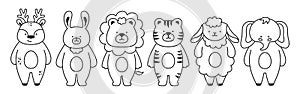 Cute wild animals outline baby set childish funny character lion tiger elephant deer sheep rabbit