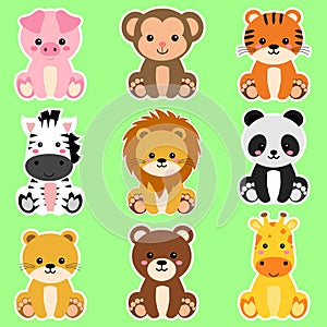 Cute wild animals set including lion, tiger, pig, bear, lioness, panda, monkey, zebra, and giraffe. Safari jungle animals vector.