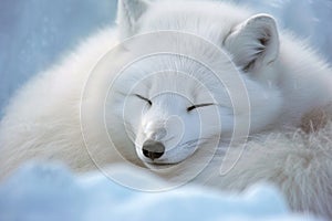 Cute Wild artic fox with its eyes closed resting on the snow. World Wildlife Conservation concept