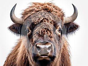 Cute wild bison priscus portrait and white background