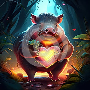 Cute Wild Boar hugging heart Illustration of a cute wild boar holding a heart in his hands AI Generated