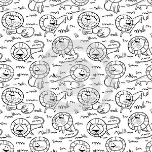 Cute wild lions background. Seamless pattern with doodle leo characters. Sketchy style vector illustration