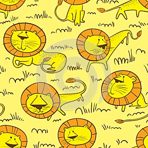 Cute wild lions background. Seamless pattern with doodle leo characters. Sketchy style vector illustration