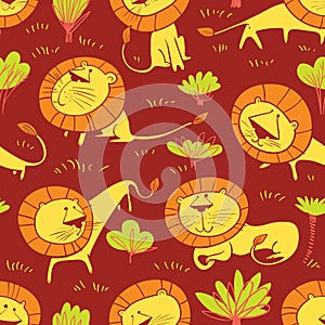 Cute wild lions background. Seamless pattern with doodle leo characters. Sketchy style vector illustration