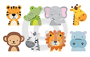 Cute Wild Safari Jungle Animal Faces and Heads Vector Illustration.