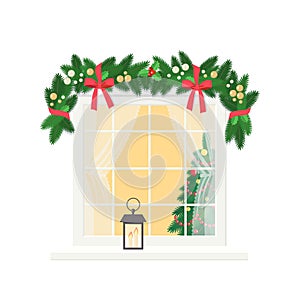 Cute window with Christmas decoration, isolated on white background