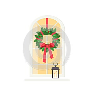 Cute window decorated with Christmas wreath and candlestick, isolated on white background