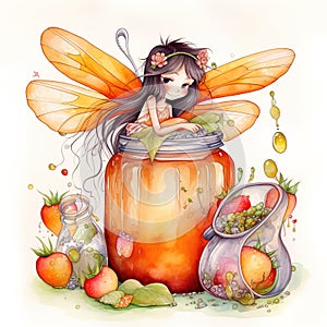 A cute winged fairy and jar of sweet sunny peach jam, fantasy watercolor style illustration, AI generative image