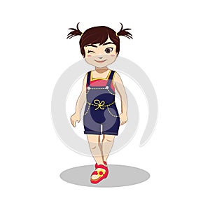Cute Winking Little Girl wears trousers, singlet and slipper in Summer Vacation