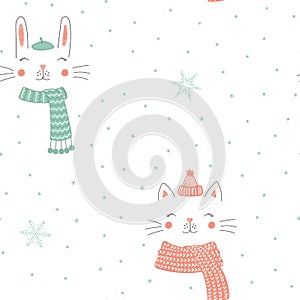 Cute winter animals seamless pattern