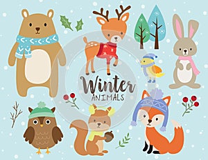 Cute Winter Animals with snow background vector