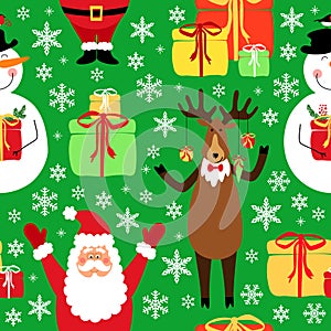 Cute winter childish seamless pattern with hand drawn Christmas cartoon characters as Santa Claus, Reindeer and Snowman