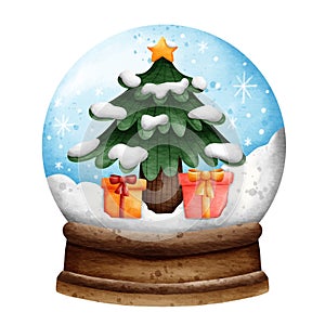 Cute winter christmas tree and gift snow globe in watercolor style and transparent background