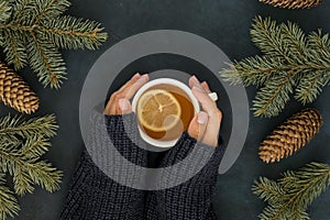 Cute winter concept with woman holding cup of tea. High quality and resolution beautiful photo concept