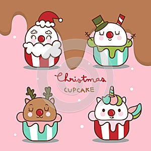 Cute Winter cupcakes Christmas vector Kawaii cupcakes: Santa cake, Unicorn topping, Snowman, rain deer art, kid food cartoon, X