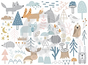 Cute winter forest animals in simple hand drawn pastel color Scandinavian style vector illustration