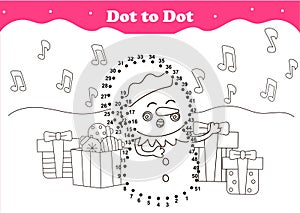 Cute winter holidays themed dot to dot game for kids with snowman character in elf costume singing carols