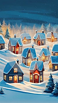 Cute winter houses covered with snow and copy space digital painting