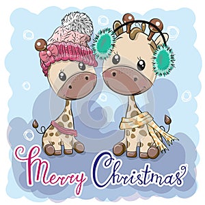 Cute winter illustration Giraffes Boy and Girl