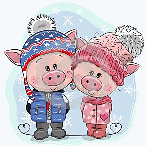 Cute winter illustration Pigs Boy and Girl in hats and coats photo