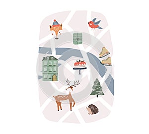 Cute winter map with deer animal, house, Christmas tree, bird, skates