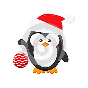 Cute winter penguin boy with christmas ball isolated on white background.