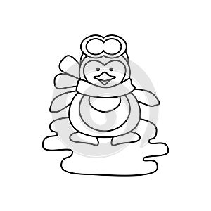 Cute winter penguin coloring page. Line art design for kids colouring book. Vector illustration.