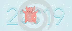 Cute winter pig make snow angel. Happy New Year of 2019, year of a pig. Vector illustration. Excellent for the design of