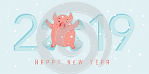 Cute winter pig make snow angel. Happy New Year of 2019, year of a pig. Vector illustration. Excellent for the design of