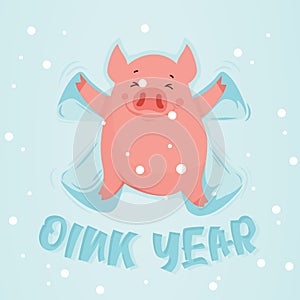 Cute winter pig make snow angel. Happy New Year of 2019, year of a pig. Vector illustration. Excellent for the design of