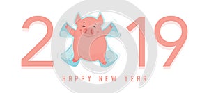 Cute winter pig make snow angel isolated on white. Happy New Year of 2019, year of a pig. Vector illustration. Excellent