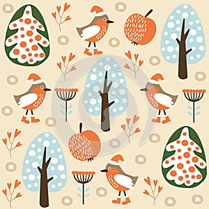 Cute winter seamless pattern with birds in the forest,