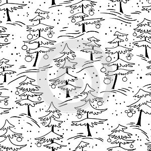 Cute winter seamless pattern with Christmas tree in doodle styl