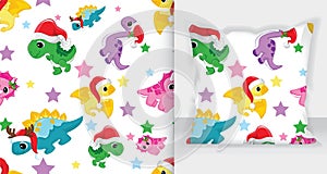 Cute winter seamless pattern dinosaurs. Vector Illustration - White Background