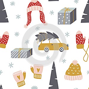 Cute winter seamless pattern. Vector design.