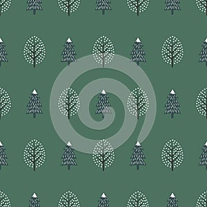 Cute winter trees seamless pattern. Happy New Year background.