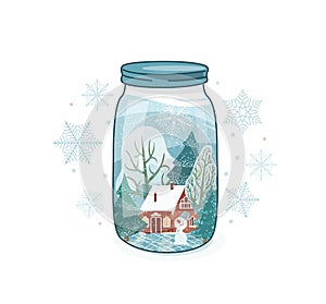 Cute winter vector illustration. Close lid glass jar with wintertime rustic landscape. House, fir tree, snowman, snow