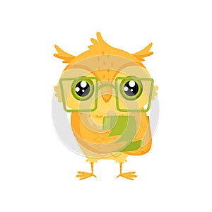 Cute wise owl bird in glasses holding book, school education and knowledge vector Illustration