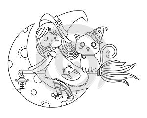 Cute Witch and Black Cat on Broomstick Colorless
