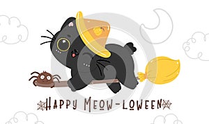 Cute Witch Black Cat riding a Flying Broomstick in Playful Halloween Cartoon animal flat design