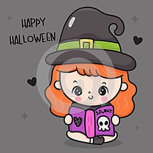 Cute Witch cartoon read spooky book magic. Happy Halloween party children (Kawaii vector).