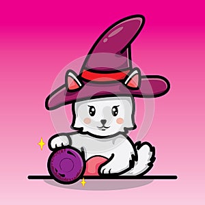 cute witch cat is divining with magic ball