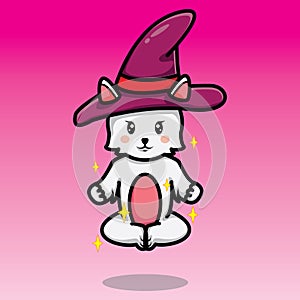 cute witch cat is floating with magic