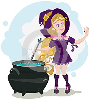 Cute witch cooks potion and admires ring