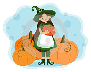 Cute witch in a costume with pumpkins. Halloween illustration, kids print vector