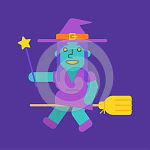 Cute witch flies on broom and holds magic wand