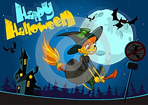 Cute witch flying on her broom. Vector Halloween banner.
