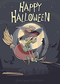 Cute witch flying on her broom. Vector Halloween party invitation.